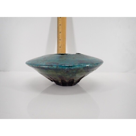 Turquoise Blue Signed Raku Sculpture Pottery Vase Bowl Iridescent Drip Glaze 8" - Picture 12 of 16